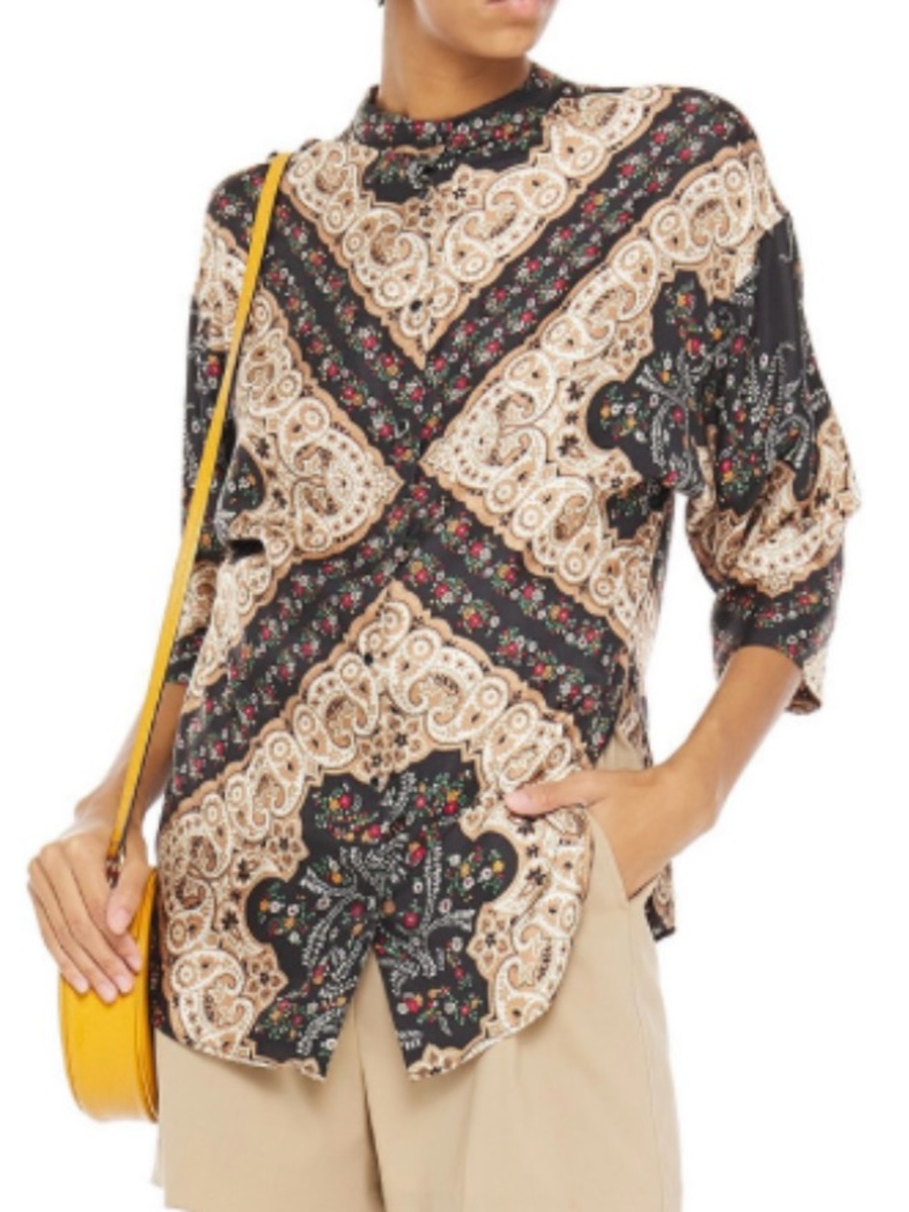 SANDRO Leny Printed Satin Twill Blouse in Sand  Sz 1